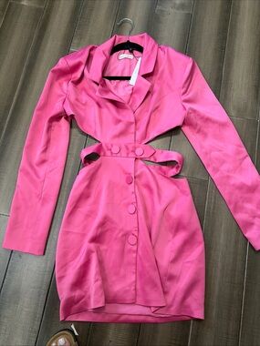 For Love and Lemons Women's Hot Pink Satin Button-Front Dress with Belt